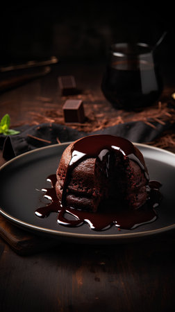 Chocolate cake with chocolate syrup on a dark background. Selective focus.の素材