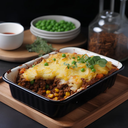 Potato casserole with minced meat and cheese on black backgroundの素材