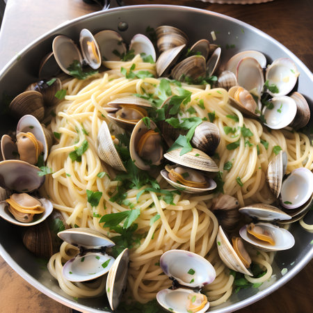 Spaghetti with clams and parsley in a metal bowl.の素材