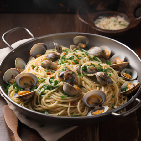 Spaghetti with clams and parsley in a pan on wooden backgroundの素材
