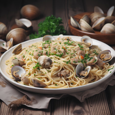 Spaghetti with clams and parsley on a wooden background.の素材
