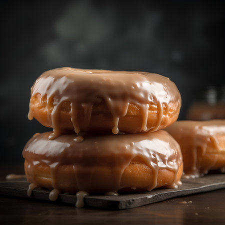 Closeup of glazed donuts on wooden board over dark backgroundの素材