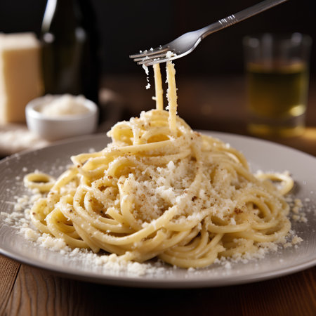 Spaghetti carbonara with parmesan cheese and olive oil.の素材