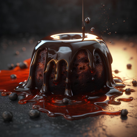 Chocolate fondant cake with chocolate glaze and berries on dark backgroundの素材