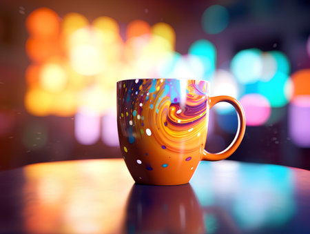 Cup of coffee with abstract colorful bokeh background. 3D renderingの素材