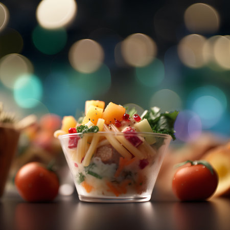 Fruit salad in a glass bowl on a dark background with bokehの素材