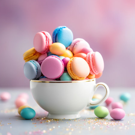 Colorful macarons in a white cup on a pink backgroundの素材