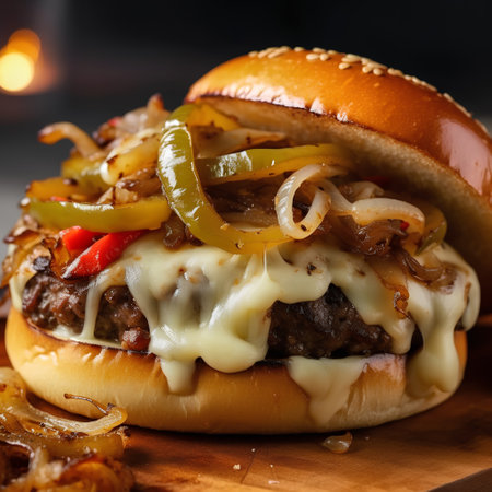 Cheese burger - American cheese burger with beef, onion and picklesの素材