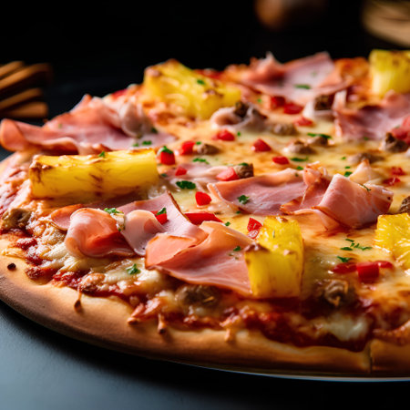 Hawaiian Pizza with Ham, Pineapple and Cheese on Dark Backgroundの素材