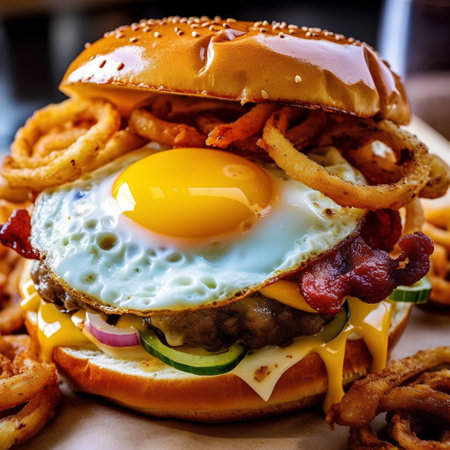 Cheese burger - American cheese burger with Golden French fries onion ringsの素材