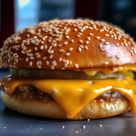 Hamburger with cheese on a black background. Close-up.の素材