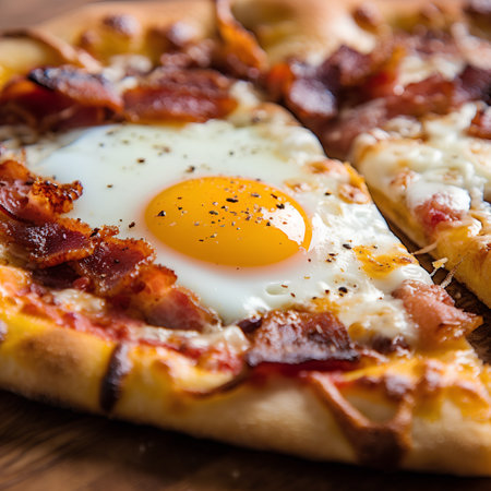 Pizza with bacon and fried egg on wooden table, closeupの素材