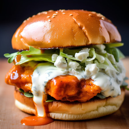 Closeup of hamburger with chicken and sauce on wooden board.の素材