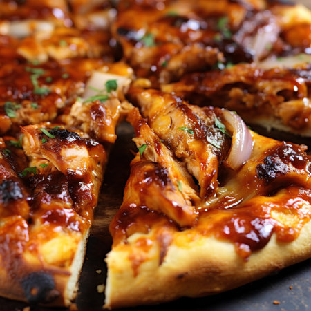 Pizza with chicken and sauce on a black background. Close-upの素材