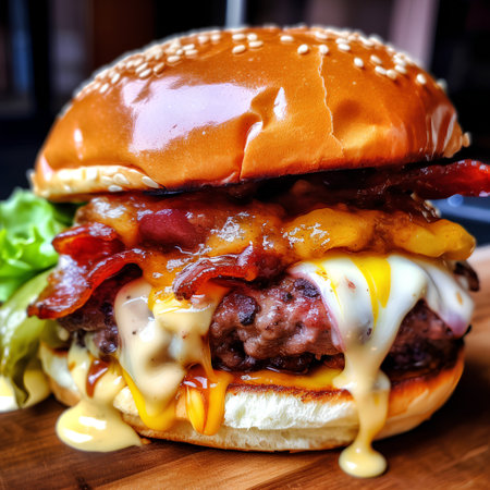 Closeup of a cheeseburger with bacon and mayonnaiseの素材