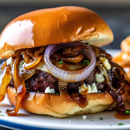 Beef burger with mushrooms, onion and cheese on a plate.の素材