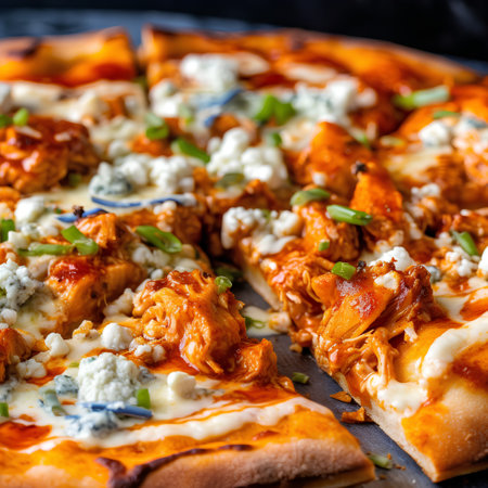 Pizza with chicken and mozzarella cheese, selective focus.の素材