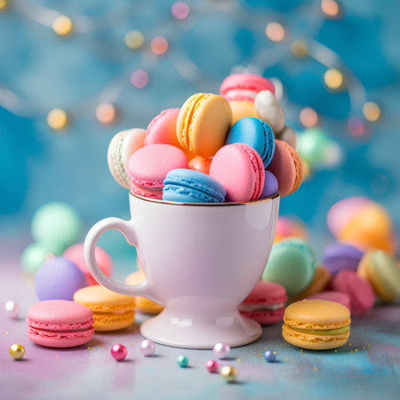 Colorful macaroons in a white cup on a blue backgroundの素材