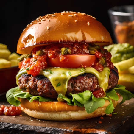 Homemade hamburger with tomato, cheese and lettuce on black backgroundの素材