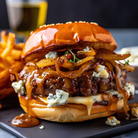 Cheese burger - American cheese burger with beef, onion and french friesの素材