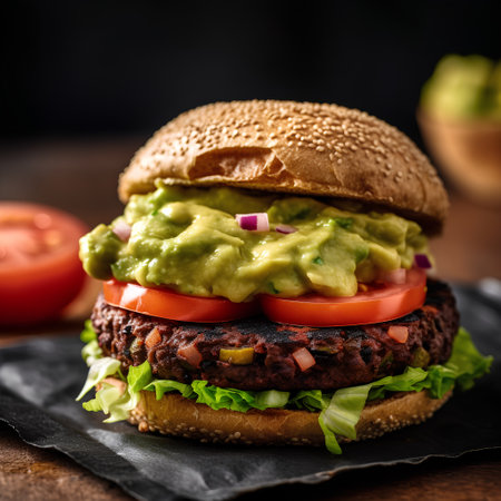 Vegan burger with avocado, tomato and cucumber on wooden backgroundの素材