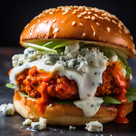 Big hamburger with blue cheese, vegetables and sauce on dark backgroundの素材
