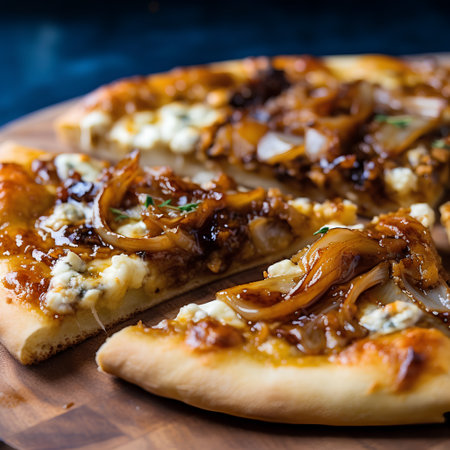 Pizza with blue cheese, onion and herbs on a wooden boardの素材
