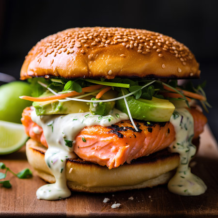Hamburger with salmon, avocado, cucumber and mayonnaiseの素材