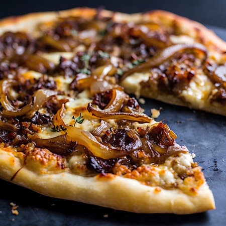 Pizza with meat, mushrooms and onions on a black background.の素材