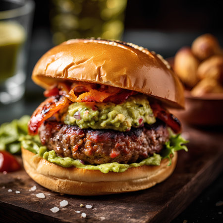 Homemade hamburger with guacamole and vegetables on dark backgroundの素材