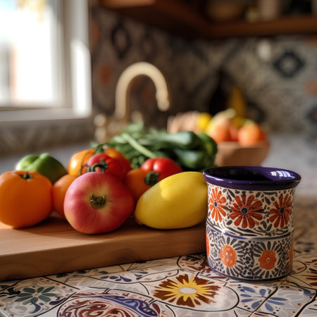 Composition with fresh fruits and vegetables in the kitchen. Food background.の素材