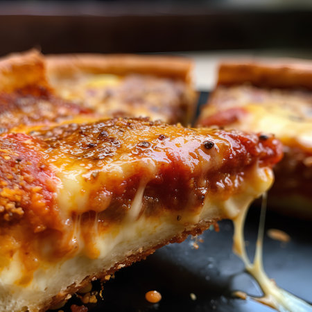 Slices of pizza on a black plate. Close-up.の素材
