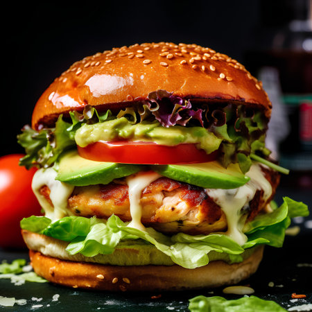 Hamburger with chicken, cheese and vegetables on a black backgroundの素材