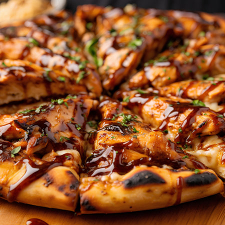 Pizza with chicken wings on a wooden board. Close-up.の素材