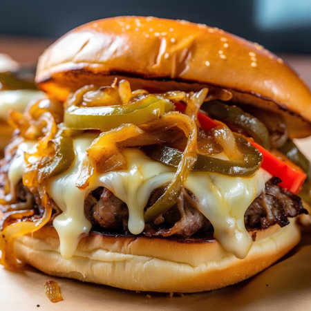Closeup of hamburger with beef, cheese, onion and picklesの素材