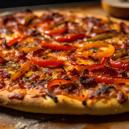 Pizza with salami, pepper and onions on a wooden boardの素材