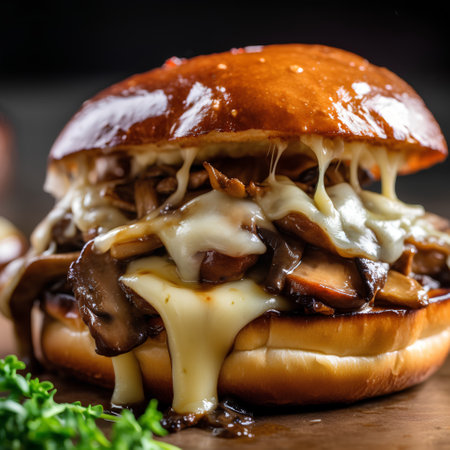 Homemade hamburger with mushrooms and cheese on a dark background.の素材
