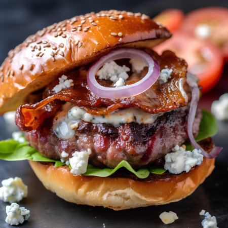 Delicious hamburger with bacon, cheese, onion and tomato on black backgroundの素材