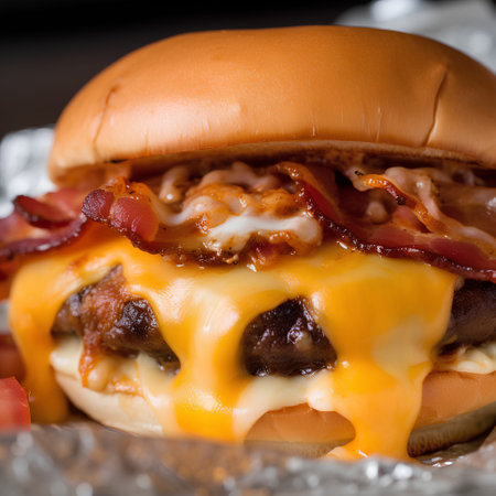 Close-up of a cheeseburger with bacon and cheese.の素材