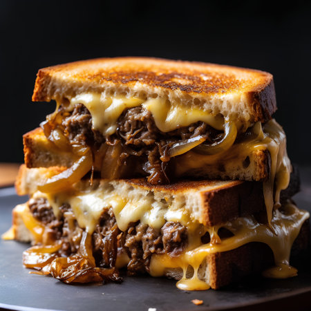 Cheese sandwich with beef, onion and cheese on black background.の素材