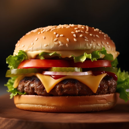 Cheeseburger on a wooden board on a dark background.の素材