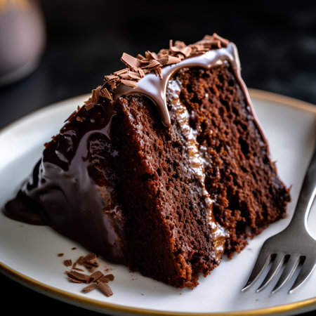 Chocolate cake with chocolate glaze on a dark background. Selective focus.の素材