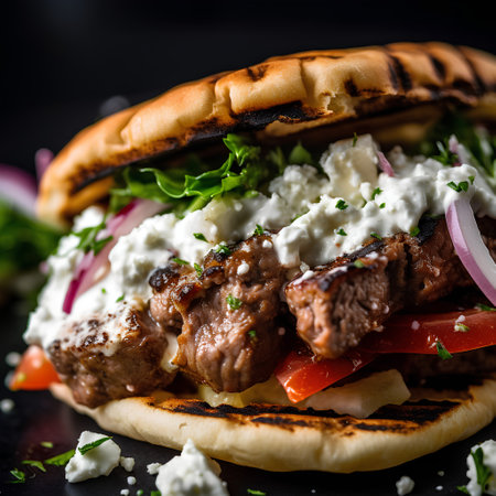 Beef kebab sandwich with greek yogurt sauce and vegetablesの素材
