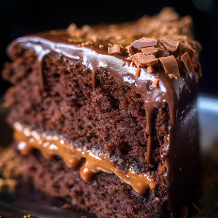 Piece of chocolate cake with chocolate glaze on a dark backgroundの素材