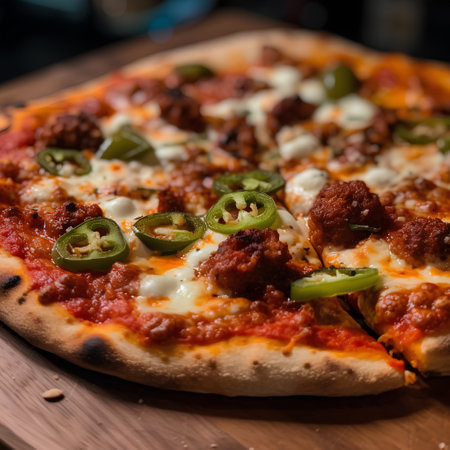 Pizza with meatballs and jalapeno on wooden tableの素材
