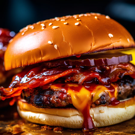 Cheeseburger with bacon and ketchup on a black backgroundの素材