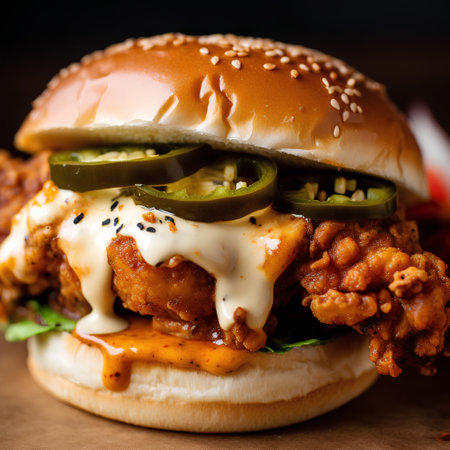fried chicken burger with pickles and mayonaise on wooden backgroundの素材