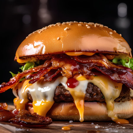 Cheese burger - American cheese burger with bacon and ketchup.の素材