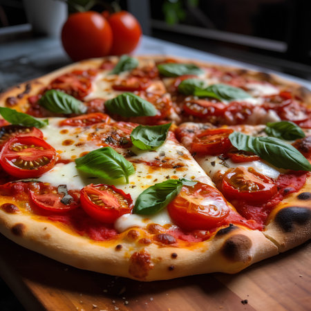Pizza Margherita with mozzarella cheese, cherry tomatoes and basil. Italian foodの素材