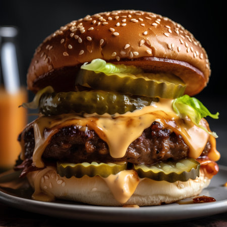 Close up of tasty cheeseburger on wooden table with orange juiceの素材
